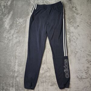 Adidas Joggers Mens Small Blue 3-Stripe Logo Athletic Pants Spellout Athleisure